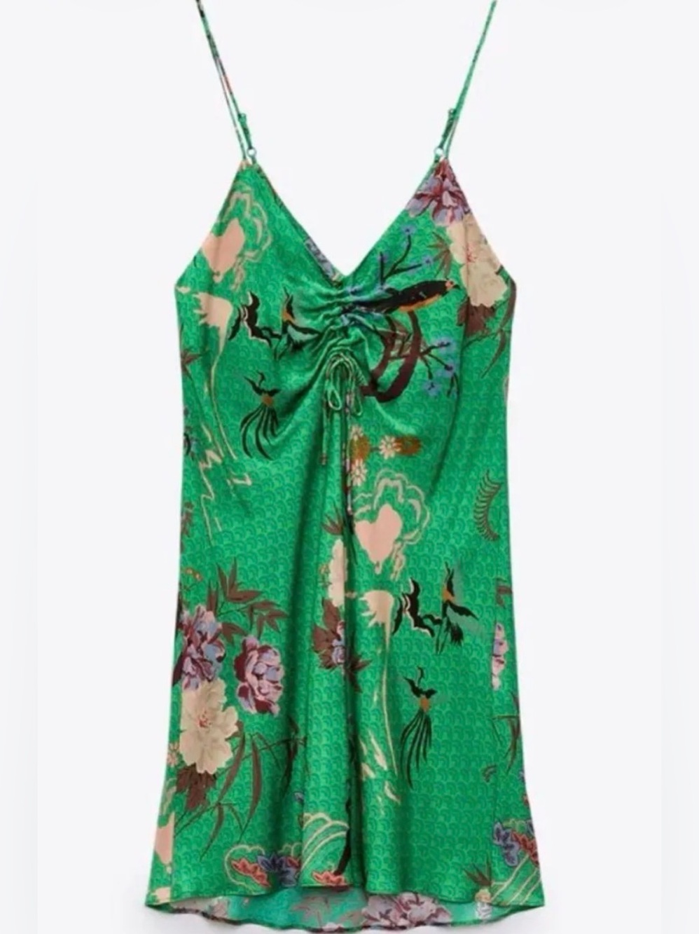 Zara floral print satin slip dress spaghetti straps and a ruched V-neckline. - Picture 2 of 8